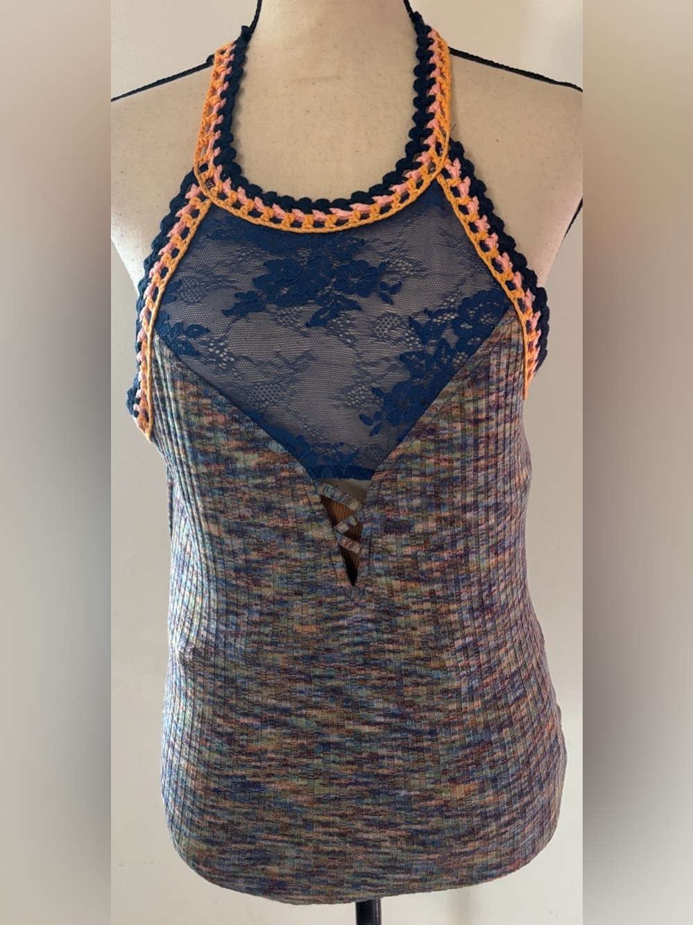 Oli & Hali Lace-Inset Crochet Halter Tank Top